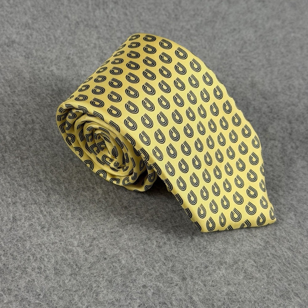 Vintage Alynn Neckwear Yellow Silk Necktie USA Abstract Logo Print Tie 58x3.25"